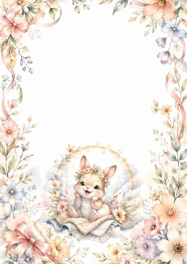 Border with flower crown bunny, pastel flowers, ribbons, and a large blank writing space.