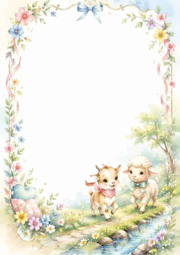 Border with a lamb, baby goat, flowers, ribbons, stream, and a large blank center.