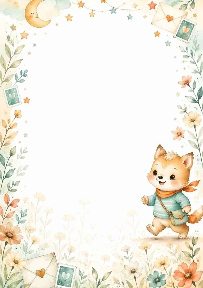 Border with a fox, envelopes, stamps, flowers, stars, moon, and blank writing space.