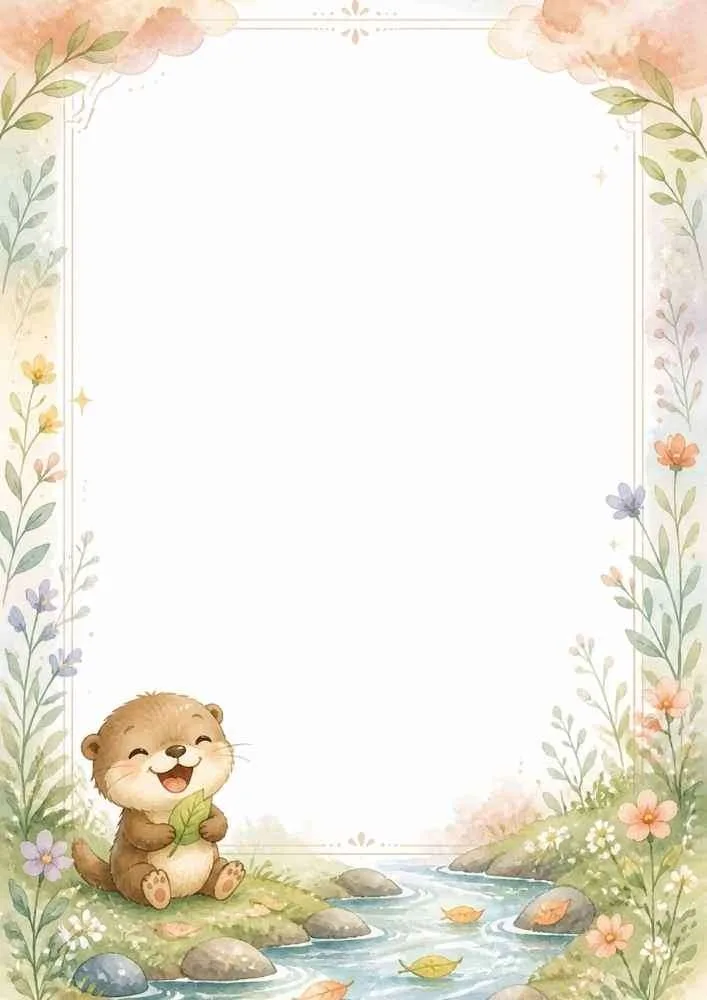 Border with a happy otter, river, flowers, leaves, and a large blank center.