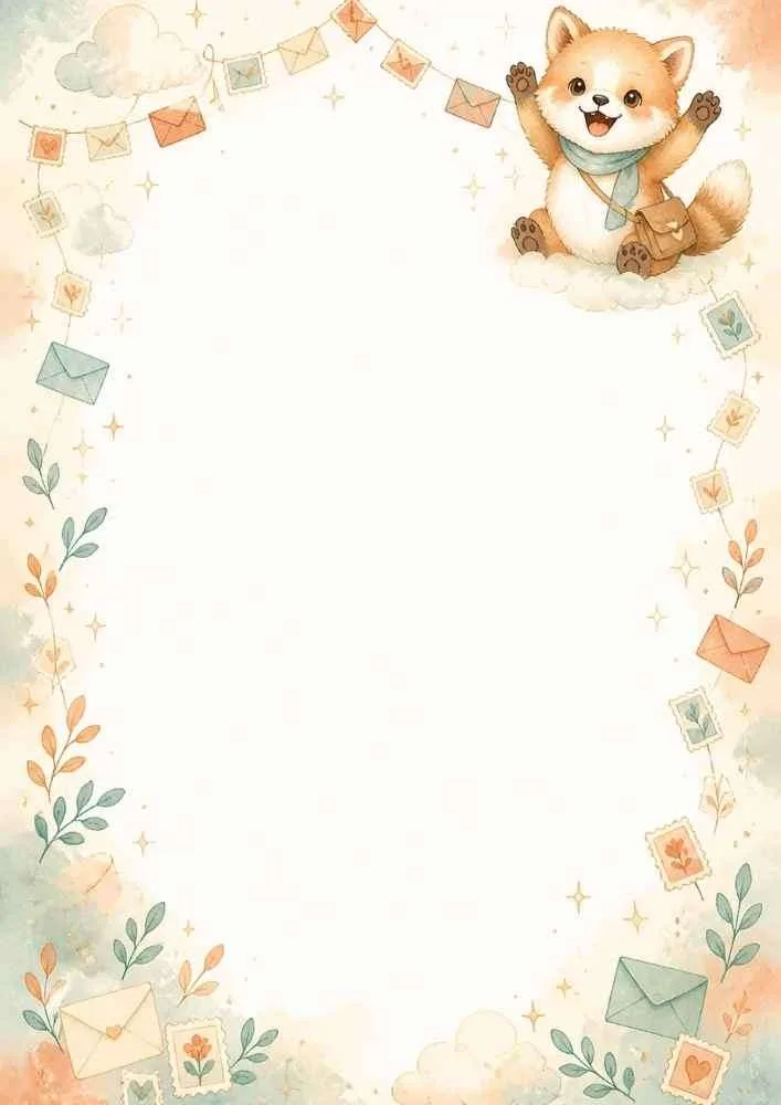 Border with a waving fox, envelopes, stamps, clouds, and blank writing area.
