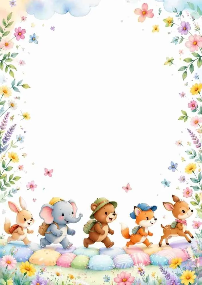 Border with rabbit, elephant, bear, fox, deer, flowers, and blank writing space.