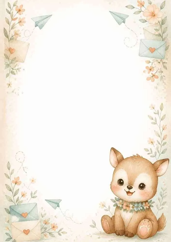 Border with baby deer, envelopes, paper airplanes, flowers, and blank center.
