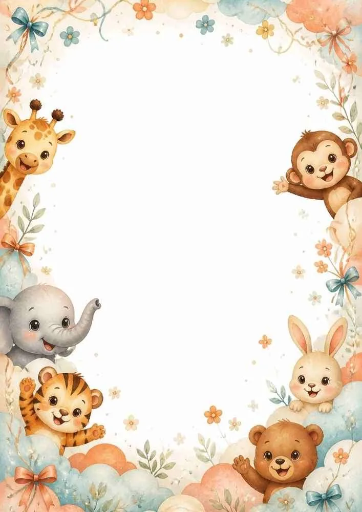 Border with giraffe, monkey, elephant, tiger, rabbit, bear, and floral decorations.
