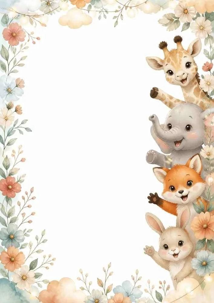 Border with giraffe, elephant, fox, bunny, flowers, and a blank writing area.