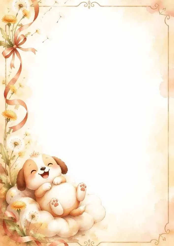 Puppy on clouds with flowers, ribbons, and a decorative page border.