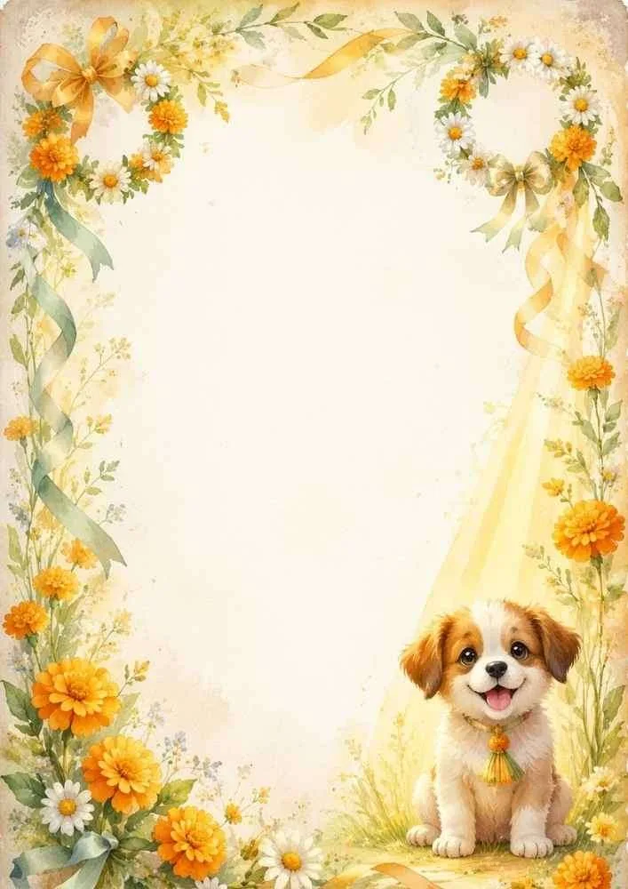 Puppy below floral wreaths with ribbons and flowers.