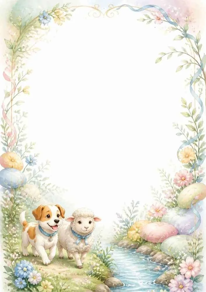 Puppy and lamb beside a stream with flowers and eggs.