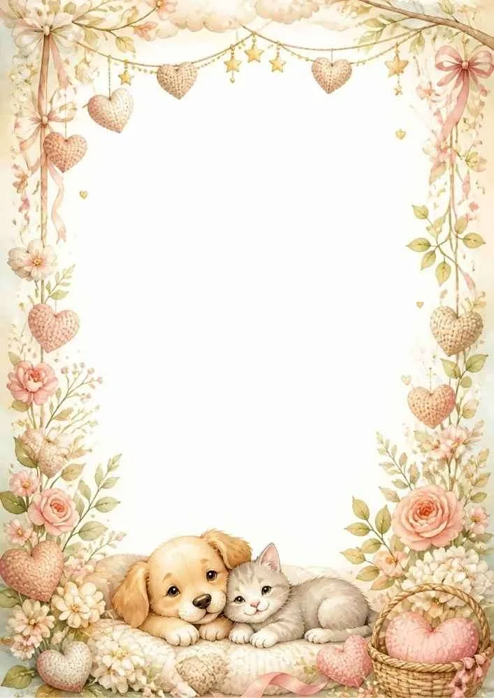 Sleeping puppy and kitten with flowers and hanging hearts.