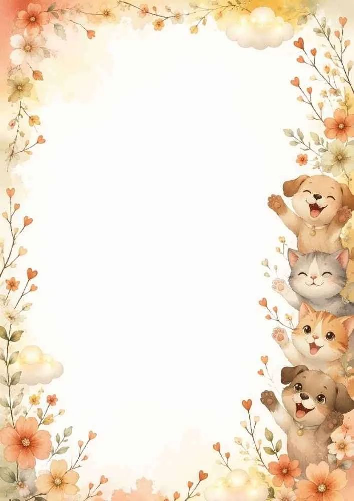 Puppies and kittens waving beside a floral page border.