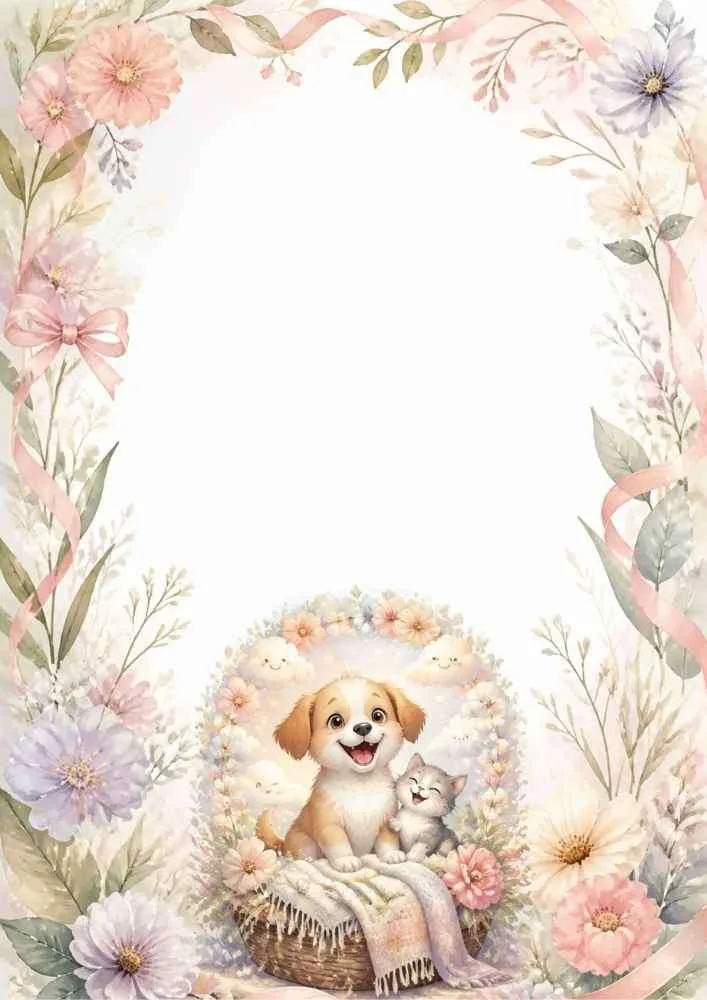 Puppy and kitten in a flower basket with floral border.