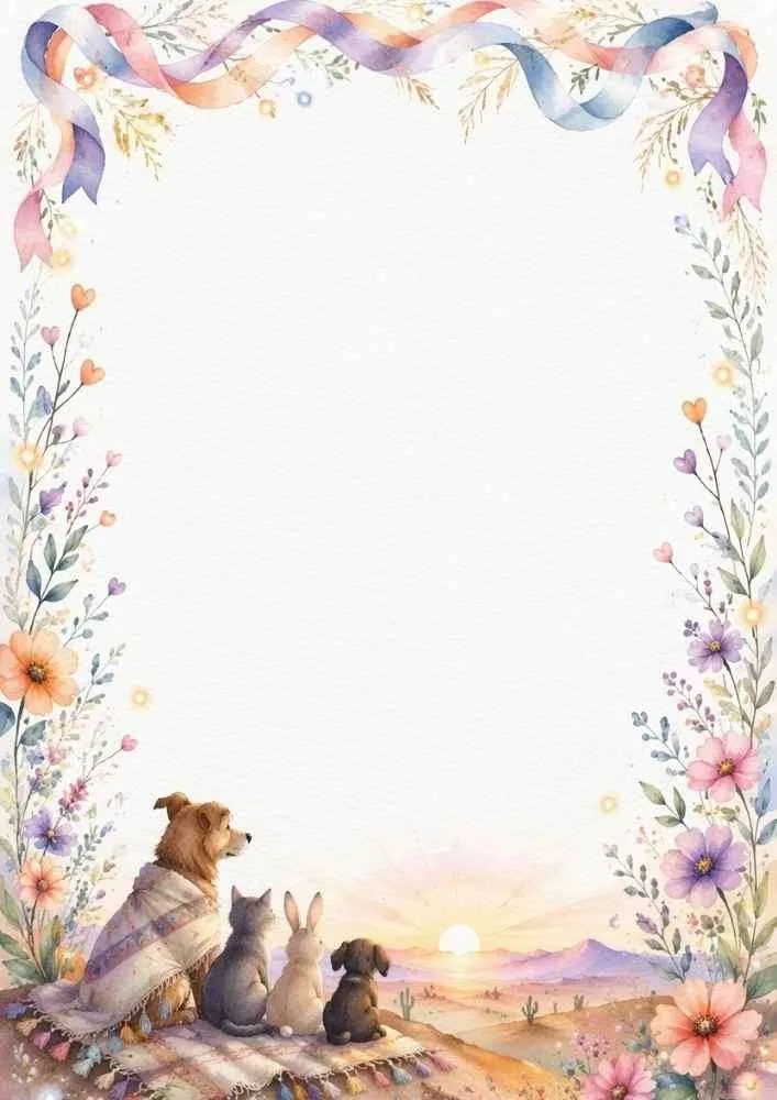 Dog, cat, rabbit, and puppy watching a sunset in a floral border.