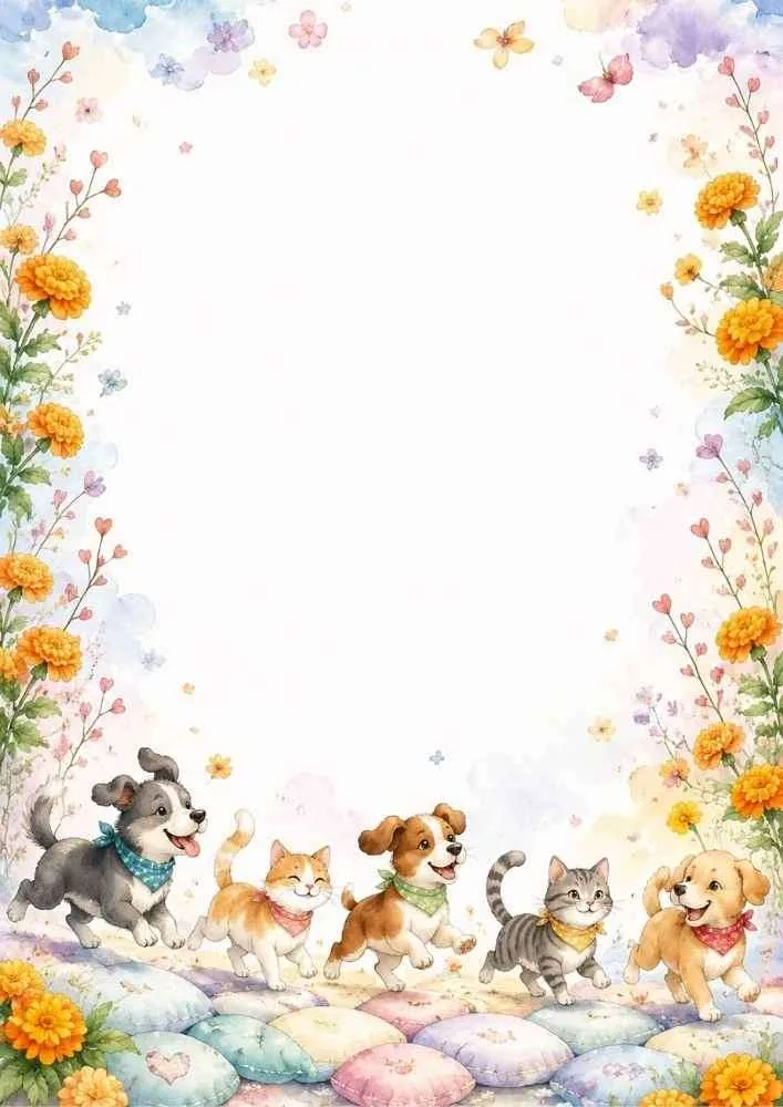 Puppies and kittens walking through a flower garden.