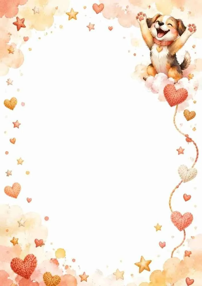 Happy puppy with knitted hearts, stars, and cloud border.