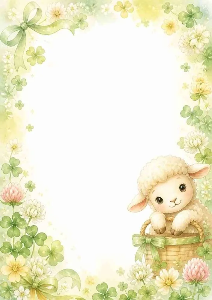 Lamb in a basket with clovers, flowers, and green ribbons.