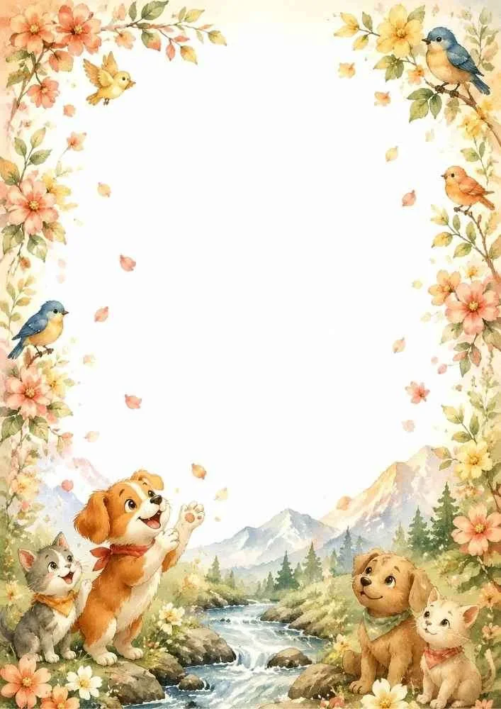 Puppies, kittens, birds, flowers, and mountain river border.