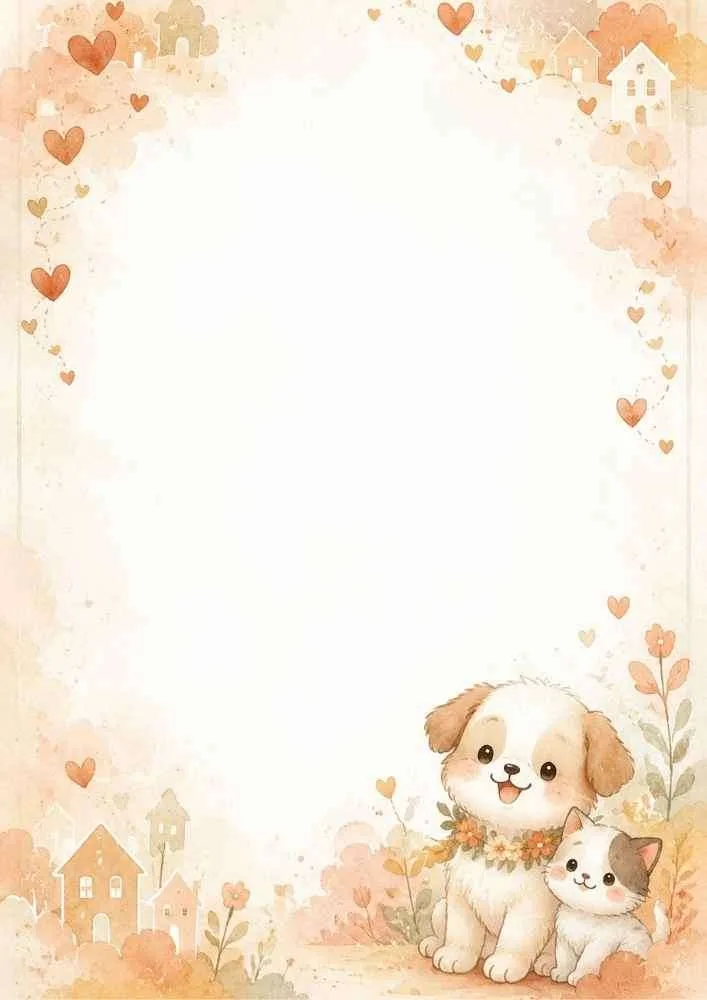 Puppy and kitten with flowers, hearts, and a decorative border.