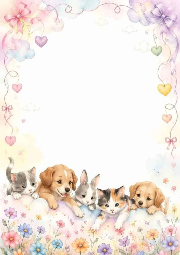 Puppies, kittens, and bunny with pastel hearts and floral border.
