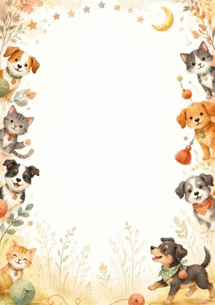 Puppies and kittens around a floral border with stars and moon.