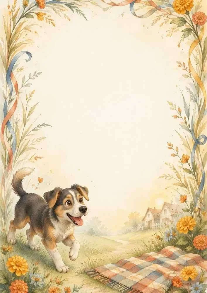 Puppy walking in a flower garden beside a picnic blanket.