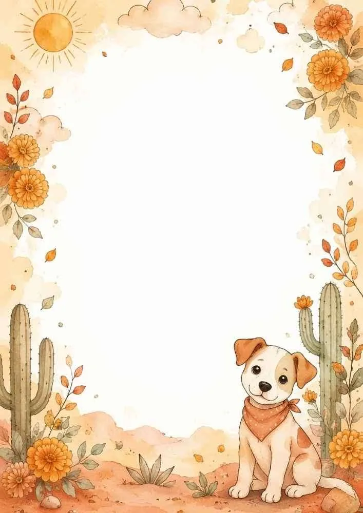 Puppy with bandana between cacti and flowers in a border.