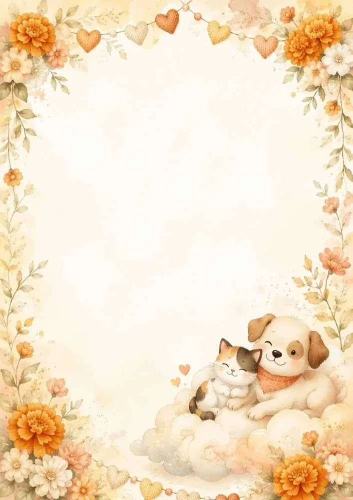 Puppy and kitten on clouds with flowers and heart garlands.