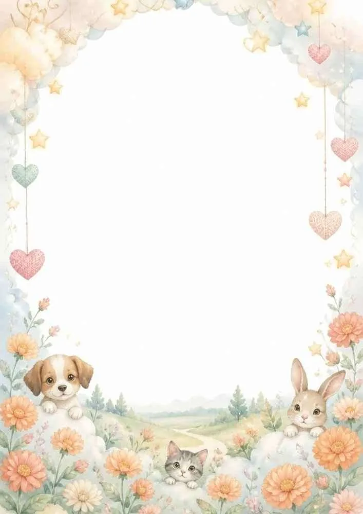 Puppy, bunny, and kitten with flowers and hanging hearts.