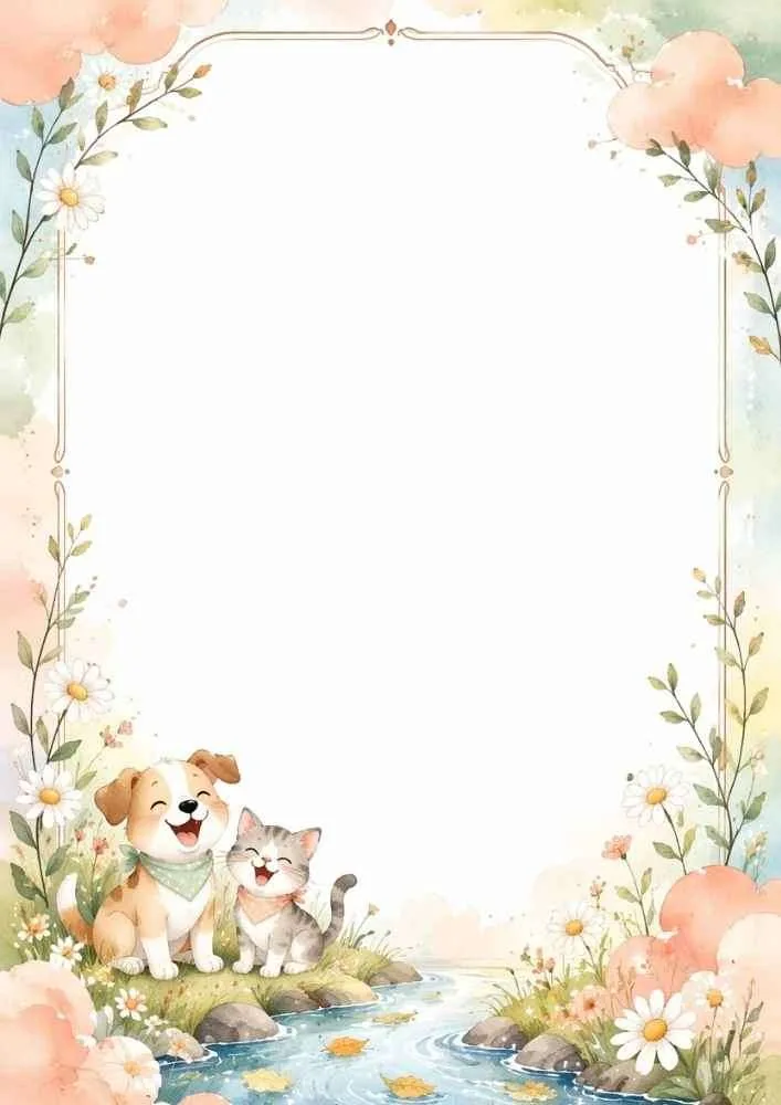 Puppy and kitten beside a stream with flowers and vines.