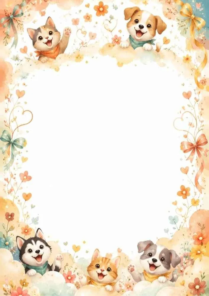Puppies and kittens with flowers, ribbons, and cloud border.