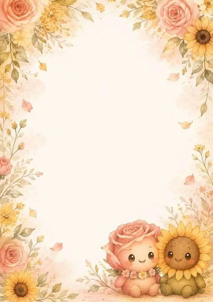 Floral border with cute rose and sunflower characters and a large blank center.