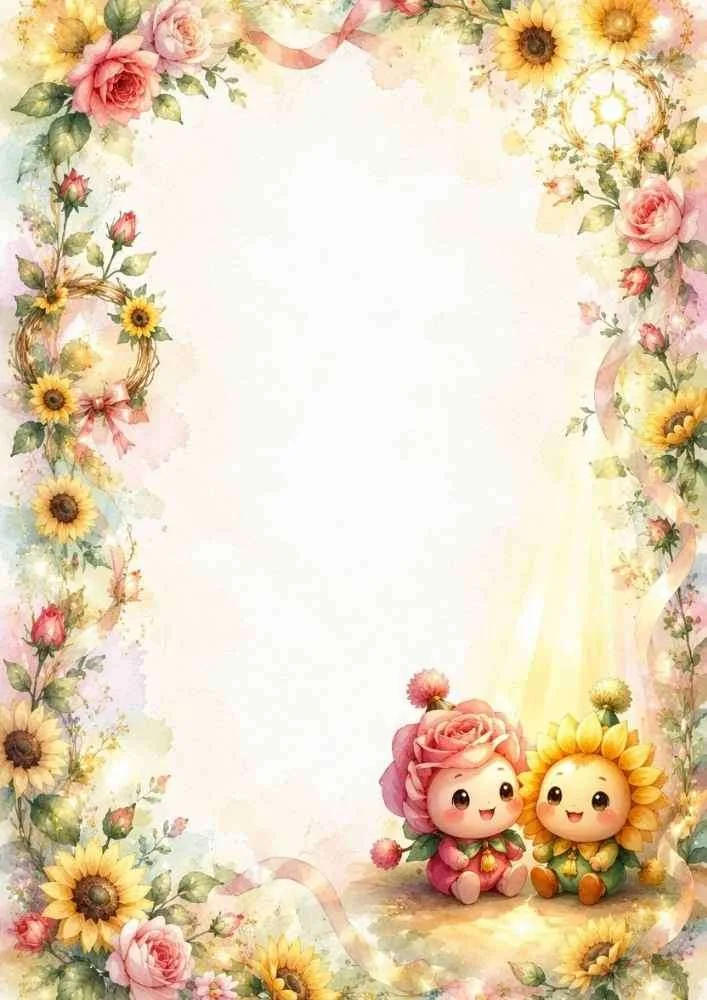 Floral wreath style border with rose and sunflower characters.