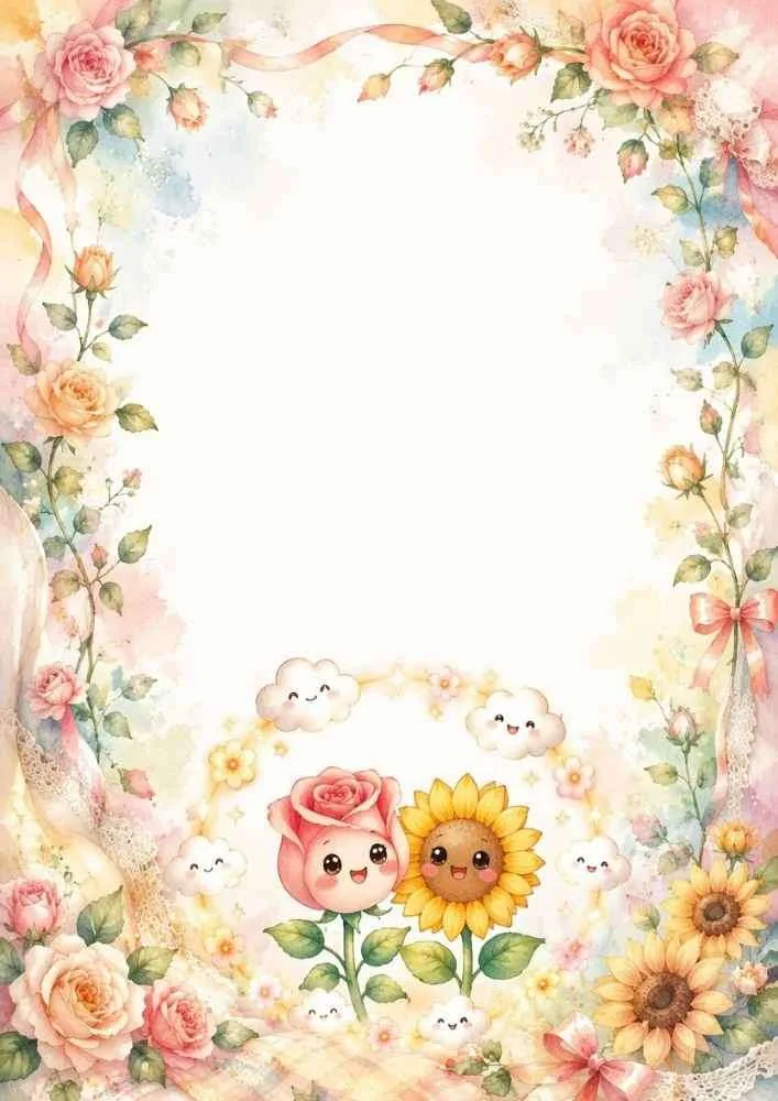 Floral cloud border with smiling rose and sunflower characters.
