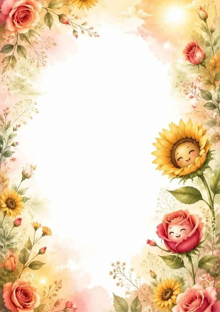 Floral border with sunshine, roses, sunflowers, and flower characters.