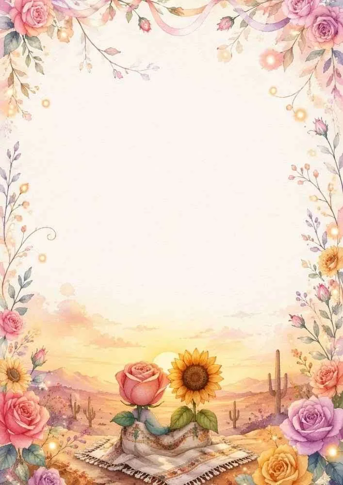 Floral desert border with roses, sunflowers, cactus, and sunset.