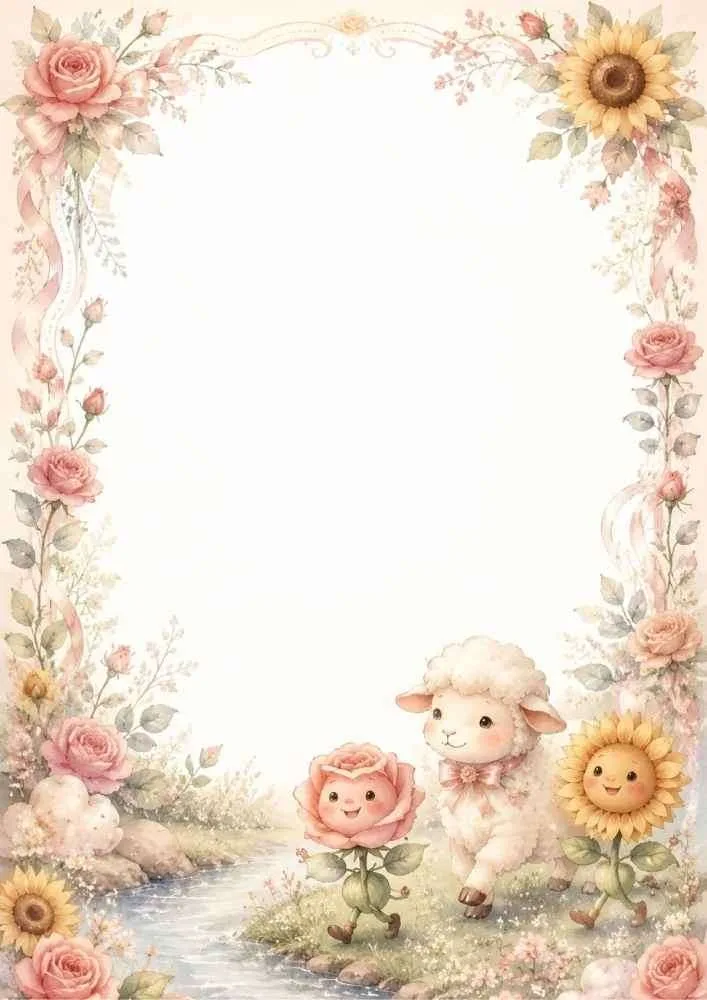 Floral border with a lamb, rose, sunflower, and small stream.