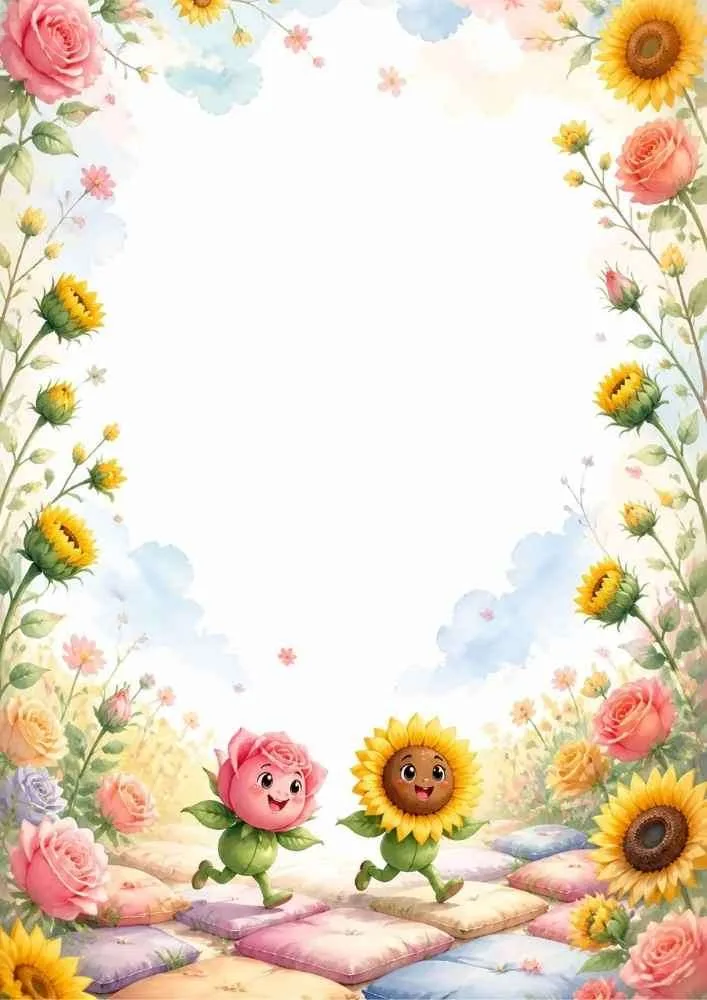 Floral border with walking rose and sunflower characters on a flower path.