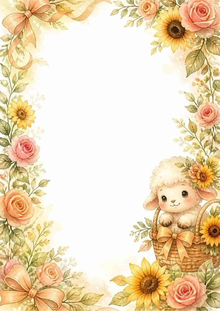 Floral border with a lamb in a basket, roses, and sunflowers.