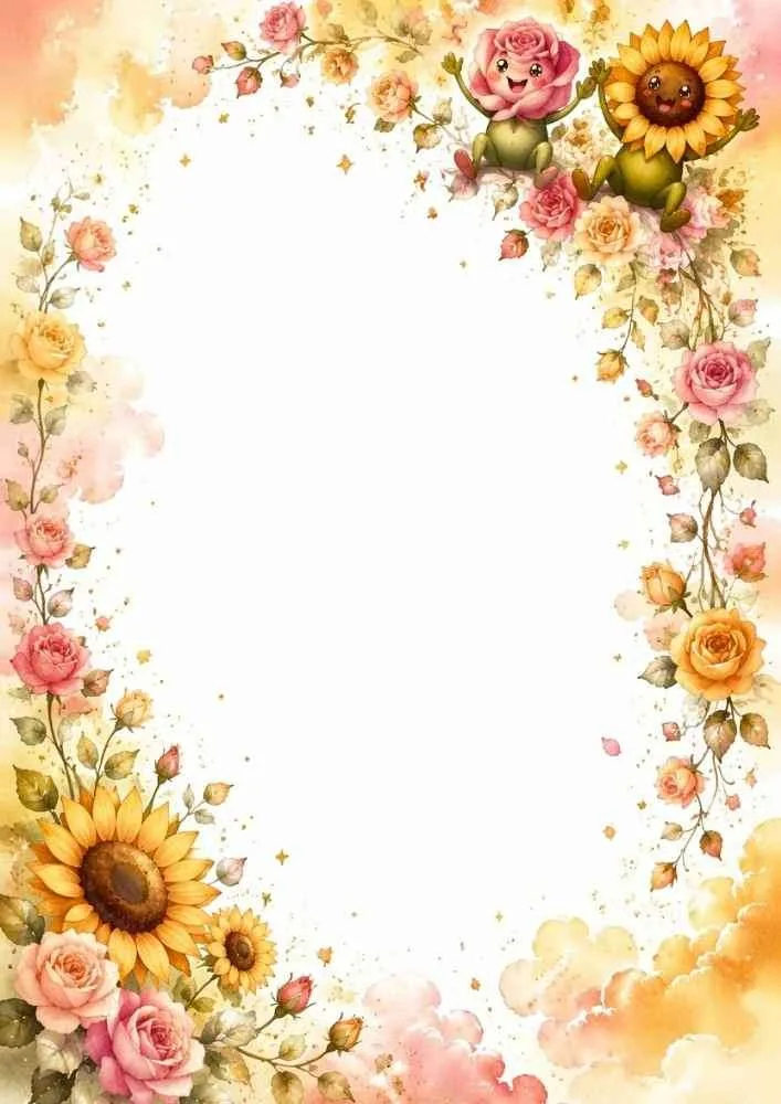 Floral border with rose and sunflower characters surrounded by flowers.