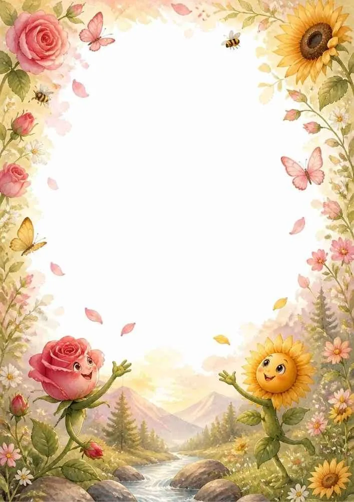 Floral border with mountains, stream, roses, sunflowers, and flower characters.