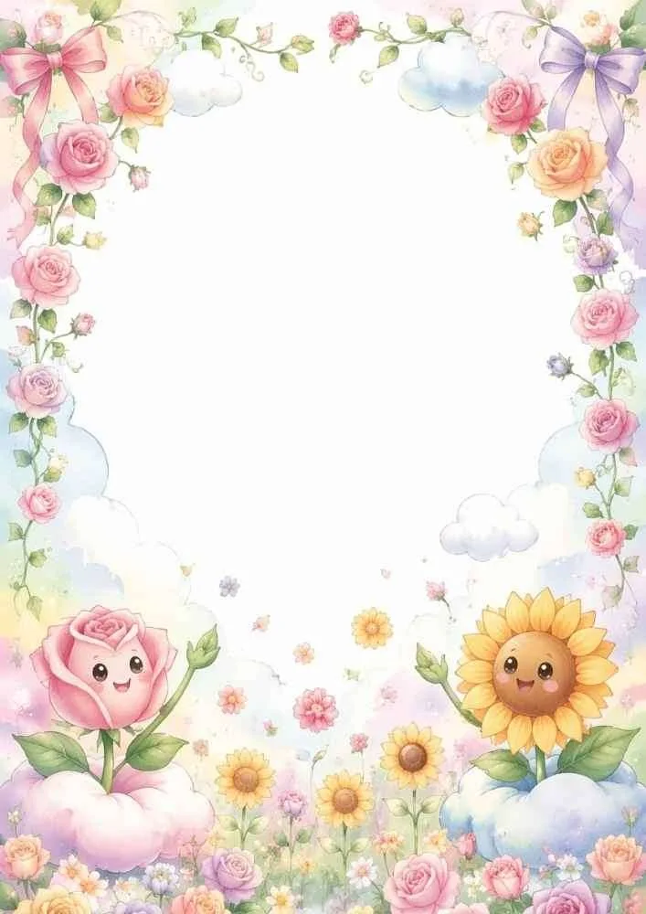 Pastel floral border with clouds, roses, sunflowers, and smiling flower characters.