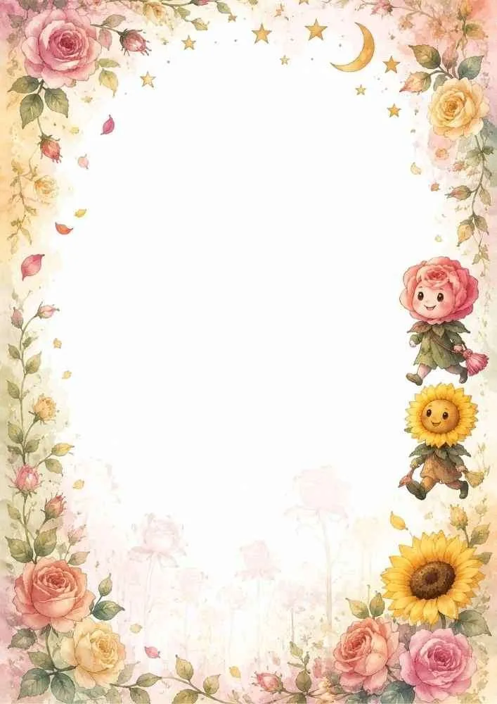 Floral border with stars, moon, roses, sunflowers, and two flower characters.