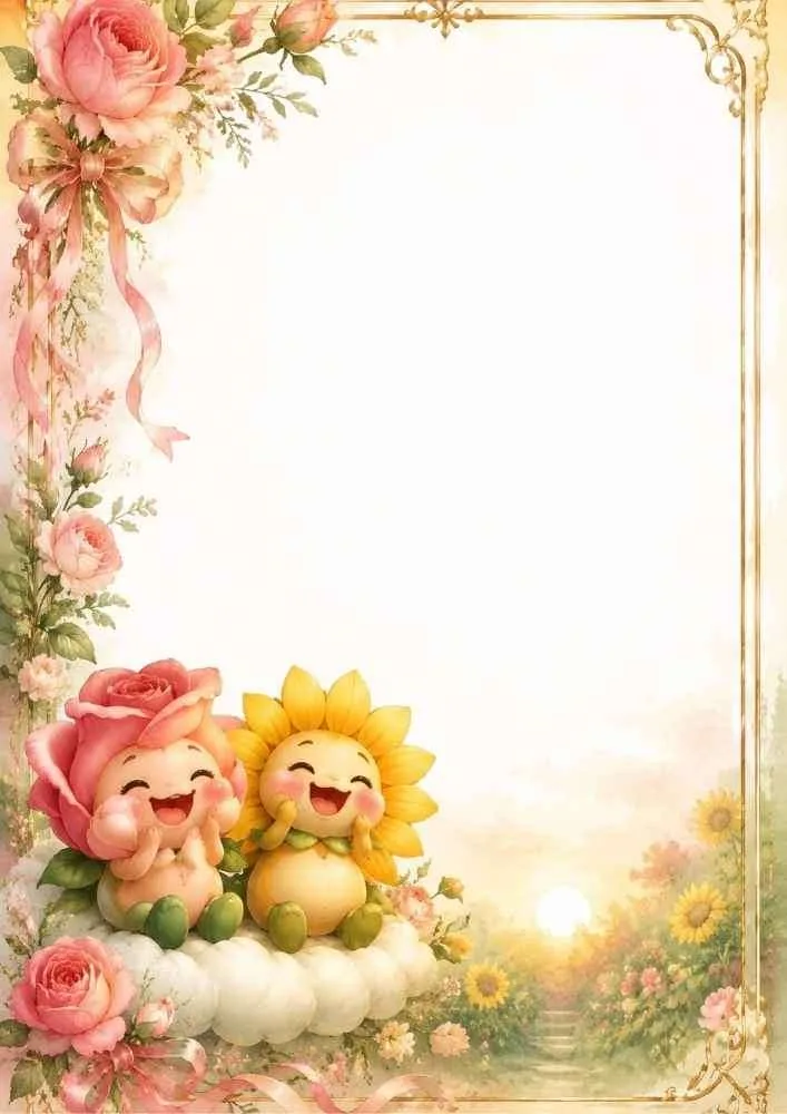 Decorative floral frame with smiling rose and sunflower characters on a cloud.