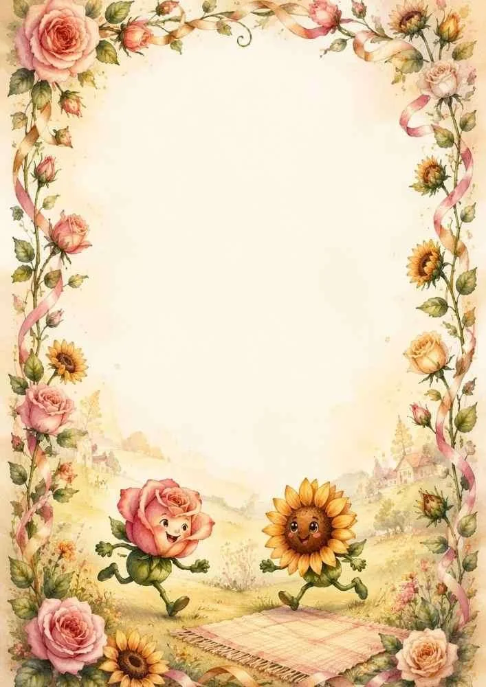 Floral border with running rose and sunflower characters and a picnic blanket.