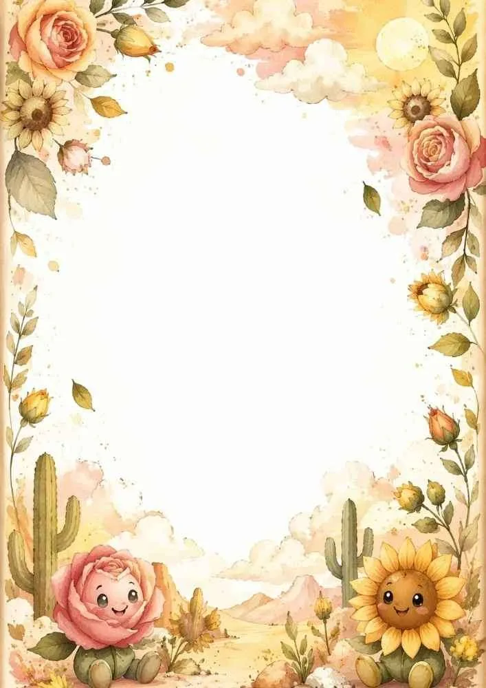 Floral desert border with cacti, roses, sunflowers, and flower characters.