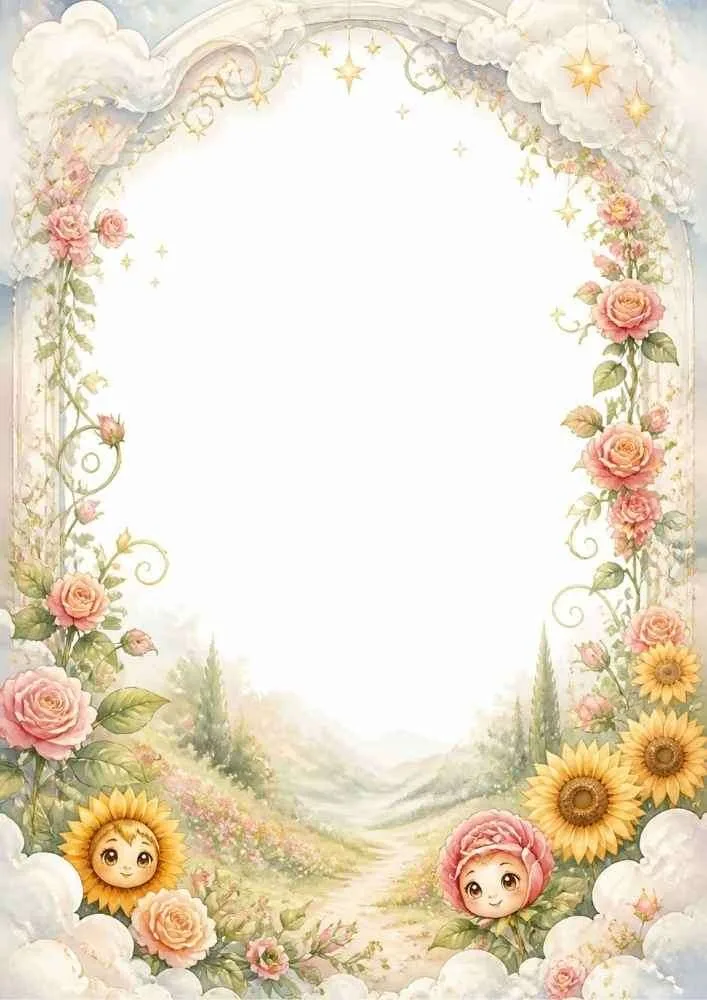 Floral arch border with clouds, roses, sunflowers, and a garden path.