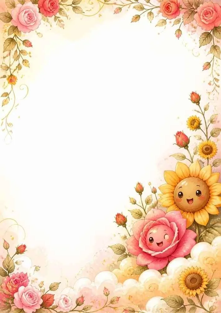 Floral border with smiling rose and sunflower characters among flowers.