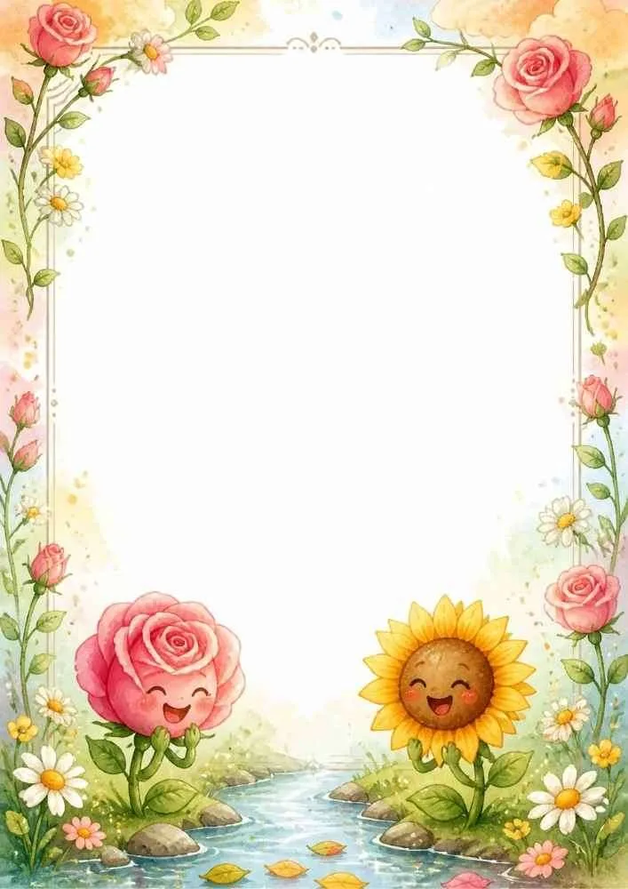 Floral border with a stream, roses, sunflowers, and smiling flower characters.