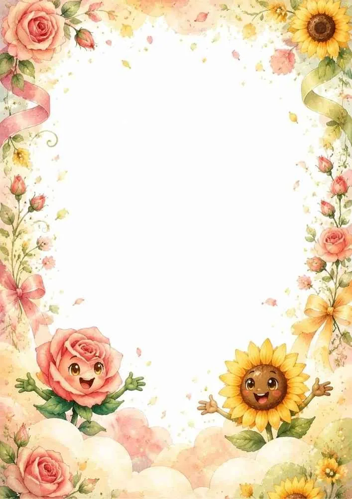 Floral ribbon border with smiling rose and sunflower characters.