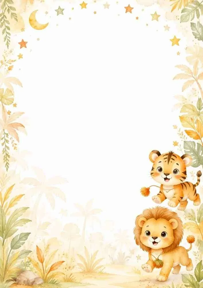 Jungle border with a tiger cub, lion cub, stars, leaves, and a large blank center.