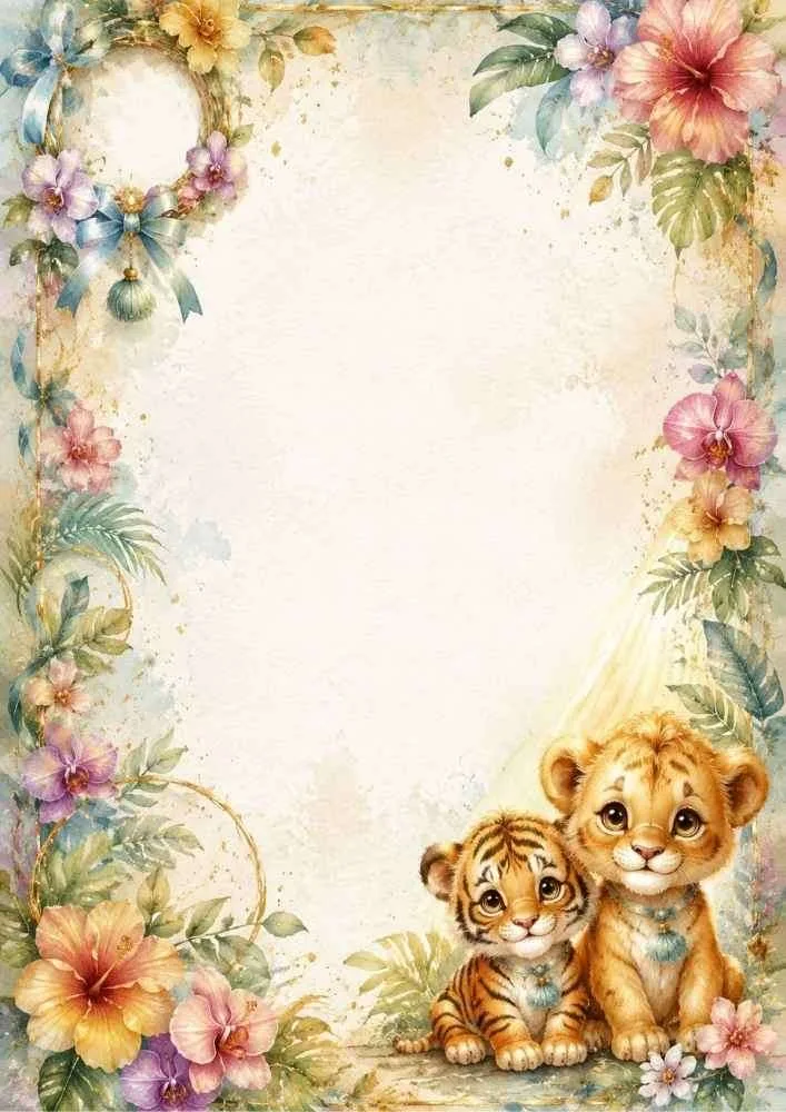Floral garden border with seated tiger and lion cubs.